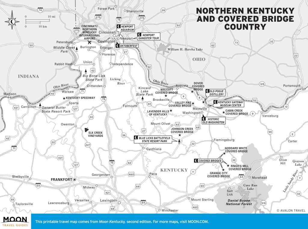 travel map depicting covered bridges in kentucky