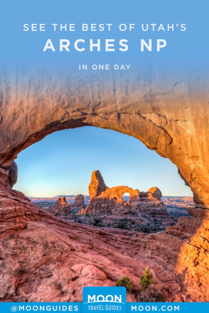 A stone arch formation viewed through a stone arch. Pinterest graphic.