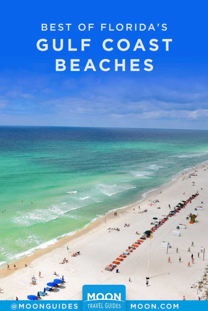 People sunning on a white, sandy beach running along the green ocean. Pinterest Graphic.