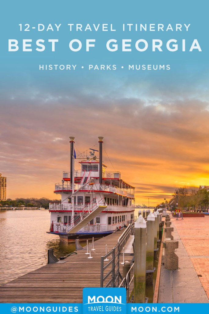 Riverboat docked in Savannah, GA. Pinterest Graphic.