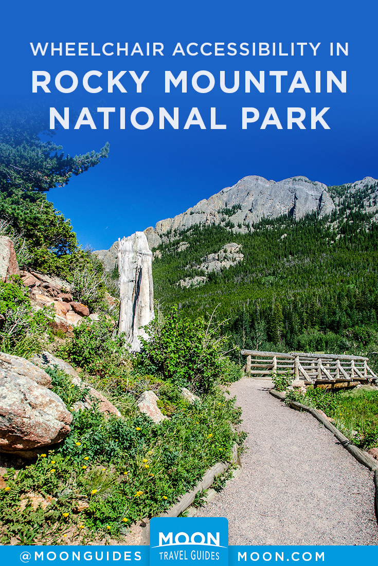 pinterest graphic depicting a boardwalk in nature with overlaid text reading accessibility in rocky mountain national park