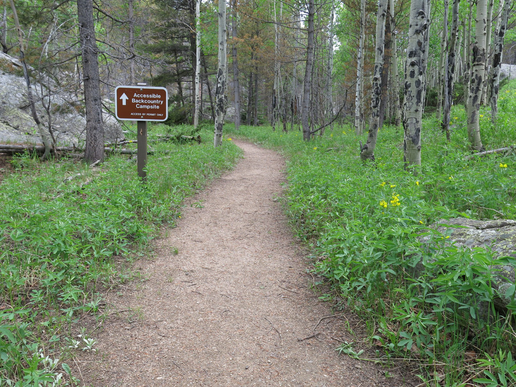 flat dirt path leading into the woods with a sign denoting accessible backcountry camping